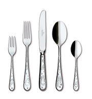 Weihnachtlich verziertes Tafelbesteck-Set aus Edelstahl, bestehend aus Gabel, Messer, Löffel und Teelöffel, frontal abgebildet.