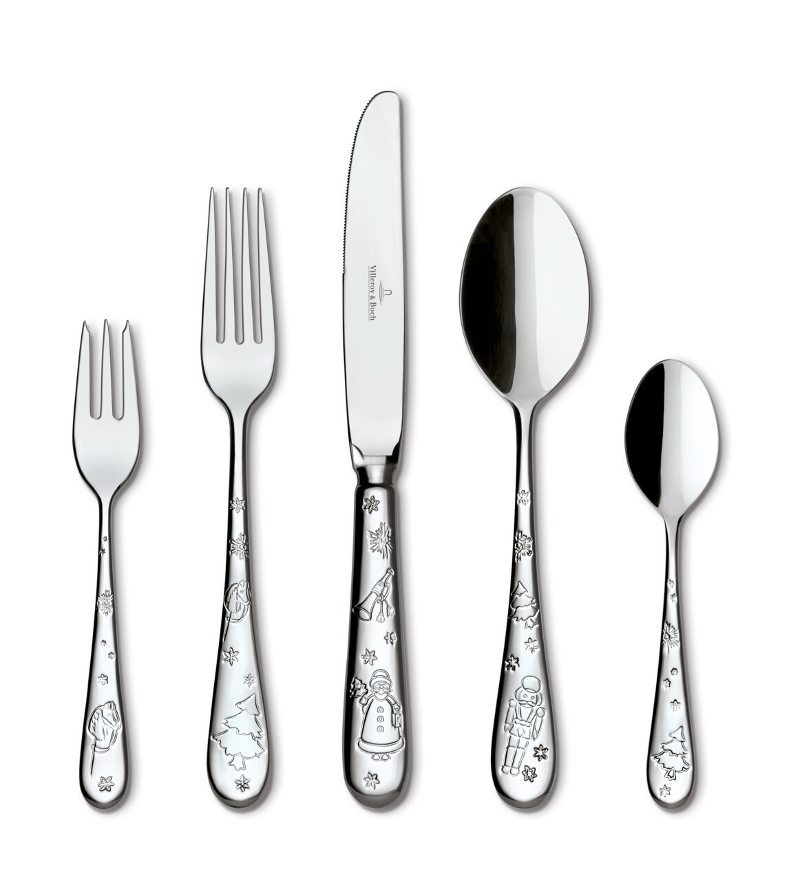 Weihnachtlich verziertes Tafelbesteck-Set aus Edelstahl, bestehend aus Gabel, Messer, Löffel und Teelöffel, frontal abgebildet.