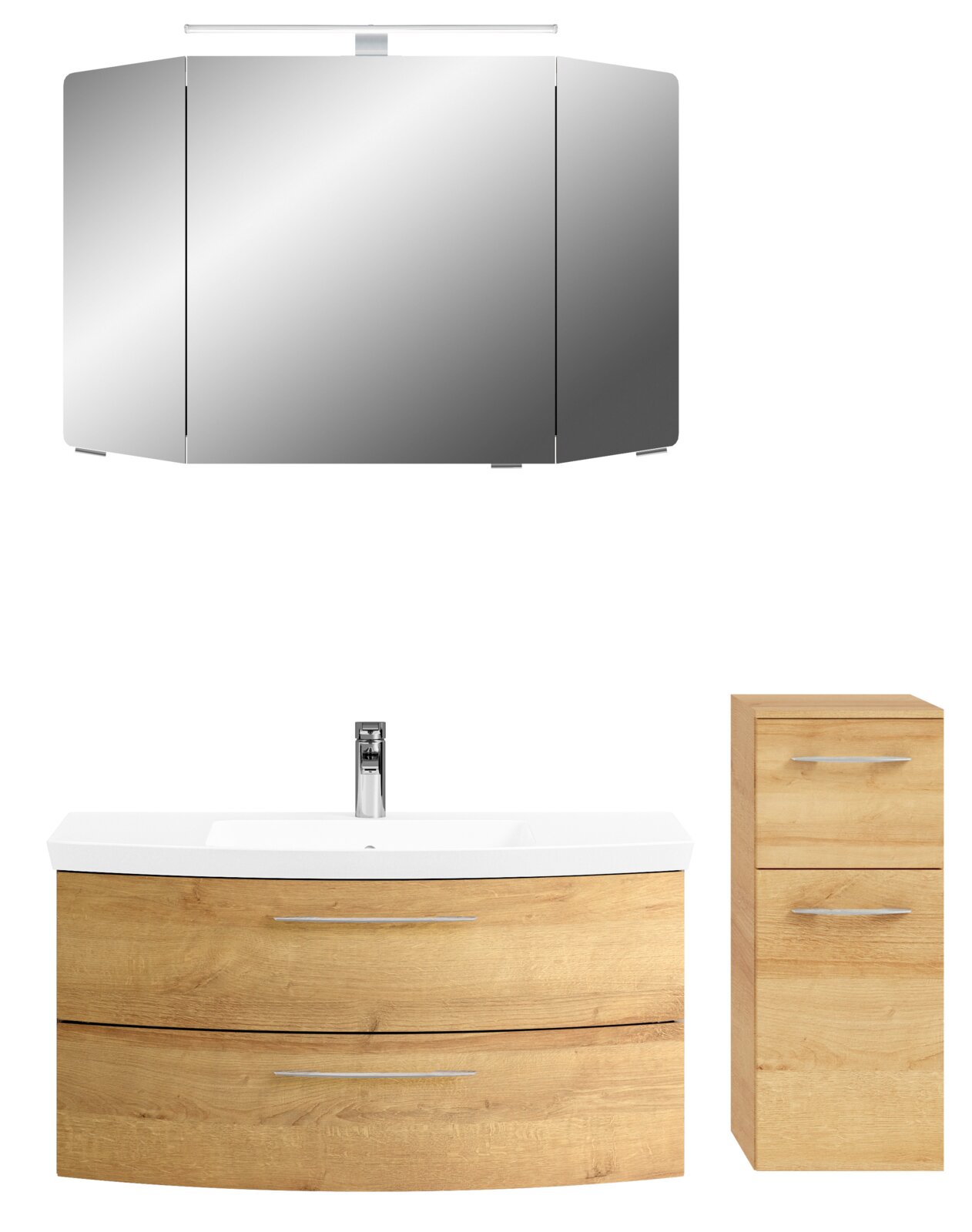 Badezimmermöbel-Set mit Spiegelschrank, Waschtisch und Unterschrank in Holzoptik, Frontalansicht