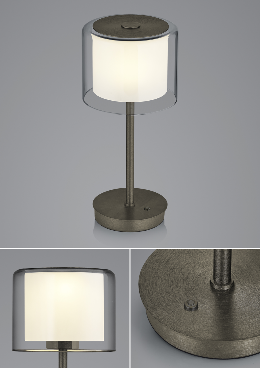 LED-Tischleuchte KLARA mit zylindrischem, transparentem Schirm und metallischem Standfuß, seitliche und obere Perspektive