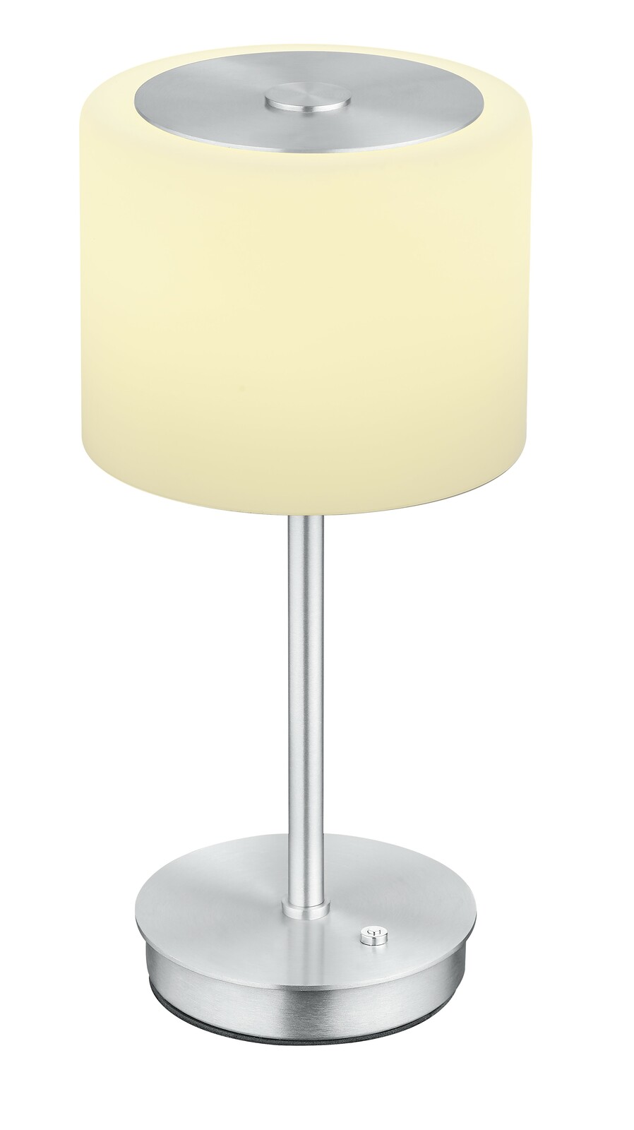 LED-Tischleuchte mit zylindrischem, cremefarbenem Schirm und silbernem Sockel, seitliche Perspektive