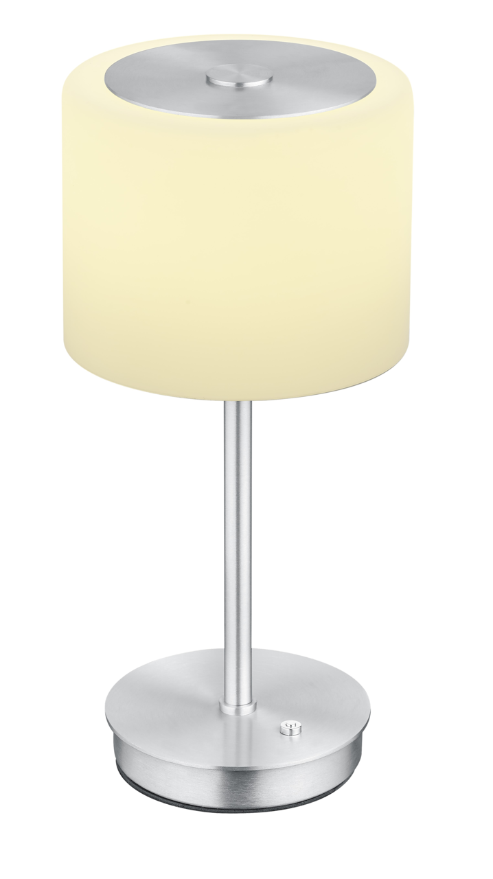 LED-Tischleuchte mit zylindrischem, cremefarbenem Schirm und silbernem Sockel, seitliche Perspektive