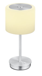 LED-Tischleuchte mit zylindrischem, cremefarbenem Schirm und silbernem Sockel, seitliche Perspektive