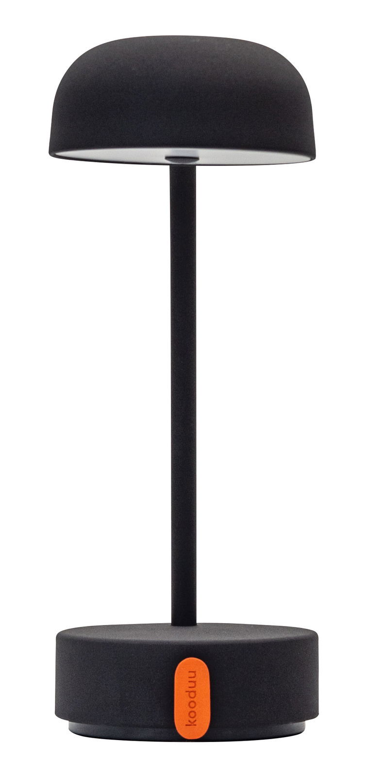 Schwarze Tischlampe mit modernem Design, frontal abgebildet, mit einem orangefarbenen Detail an der Basis.