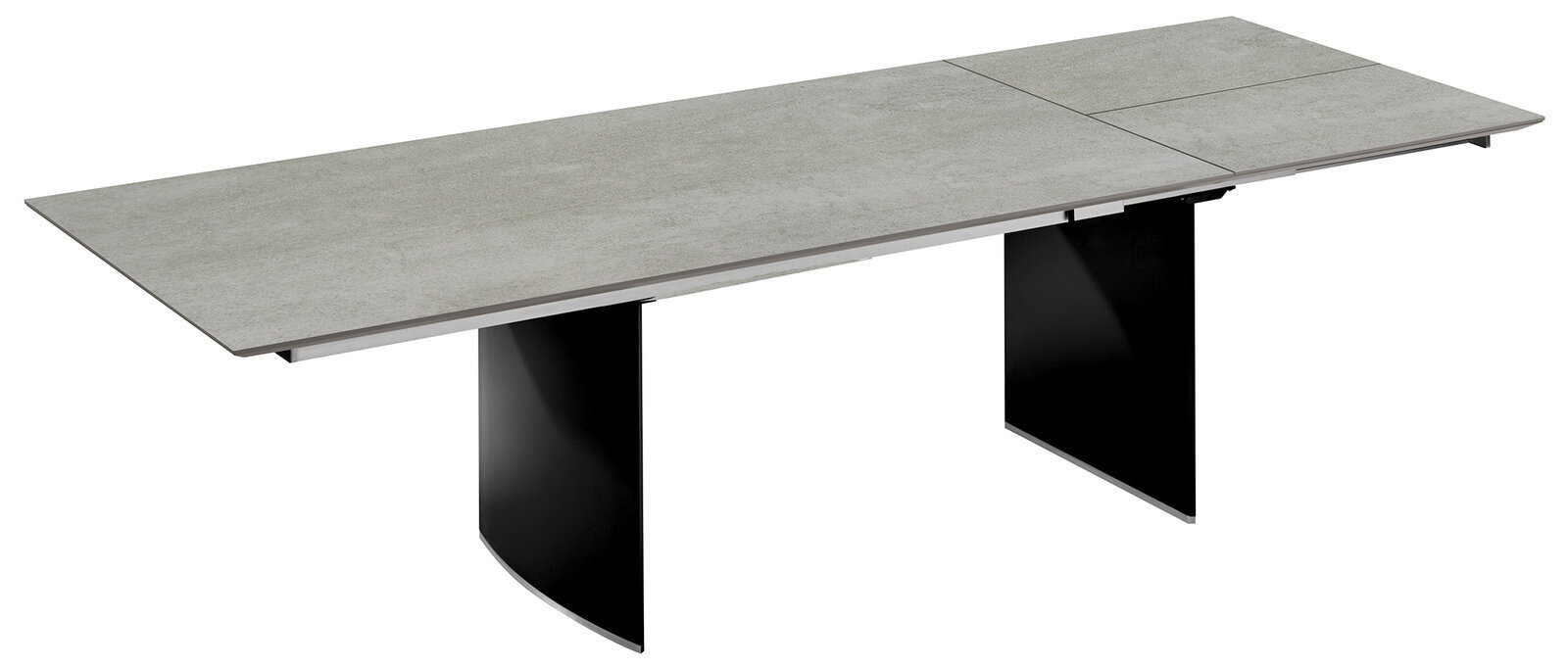 Moderner Esstisch mit grauer Tischplatte und schwarzen Beinen, seitliche Perspektive.
