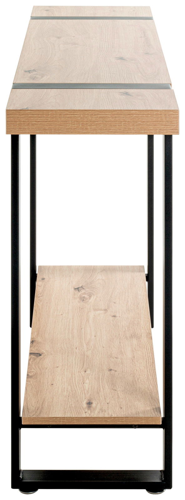 Konsole aus Holz und Metall mit zwei Ebenen, seitliche Perspektive