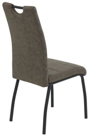 Rückansicht eines modernen Stuhls mit gepolsterter Rückenlehne und schwarzem Metallgestell.