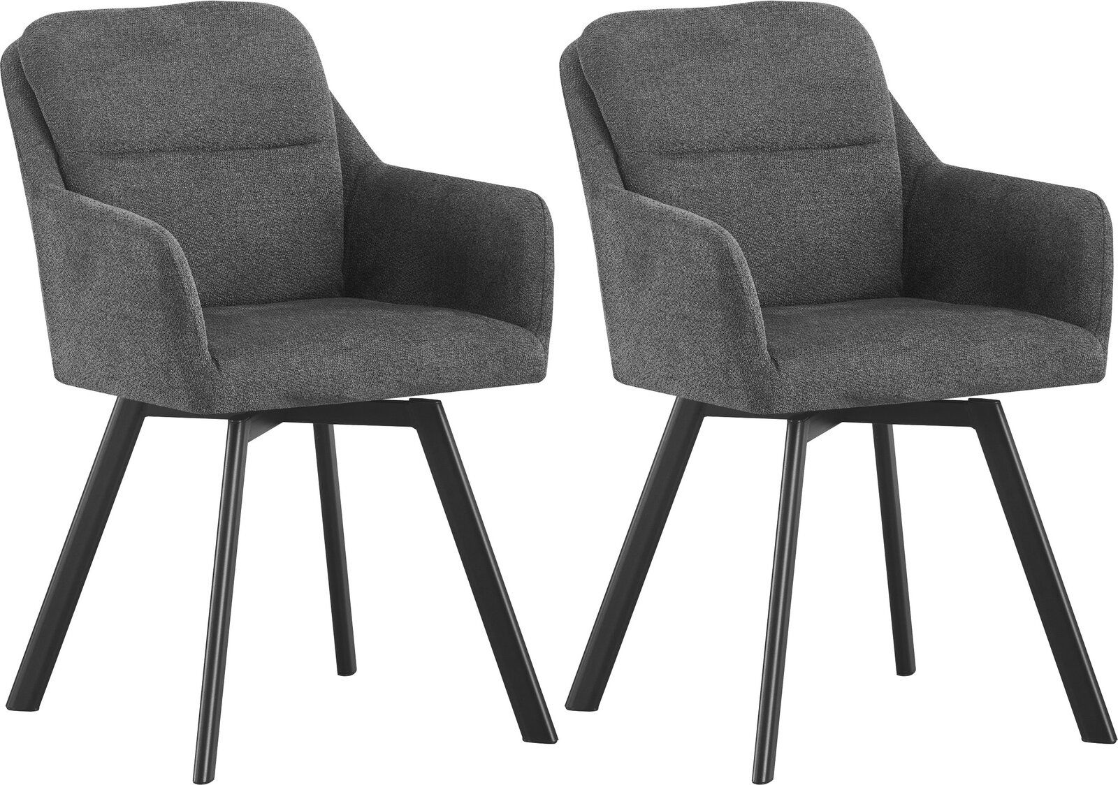 Zwei gepolsterte Esszimmerstühle mit Armlehnen in dunkelgrauem Stoffbezug und schwarzen, leicht ausgestellten Beinen, freigestellt auf weißem Hintergrund, in frontaler leicht seitlicher Perspektive.