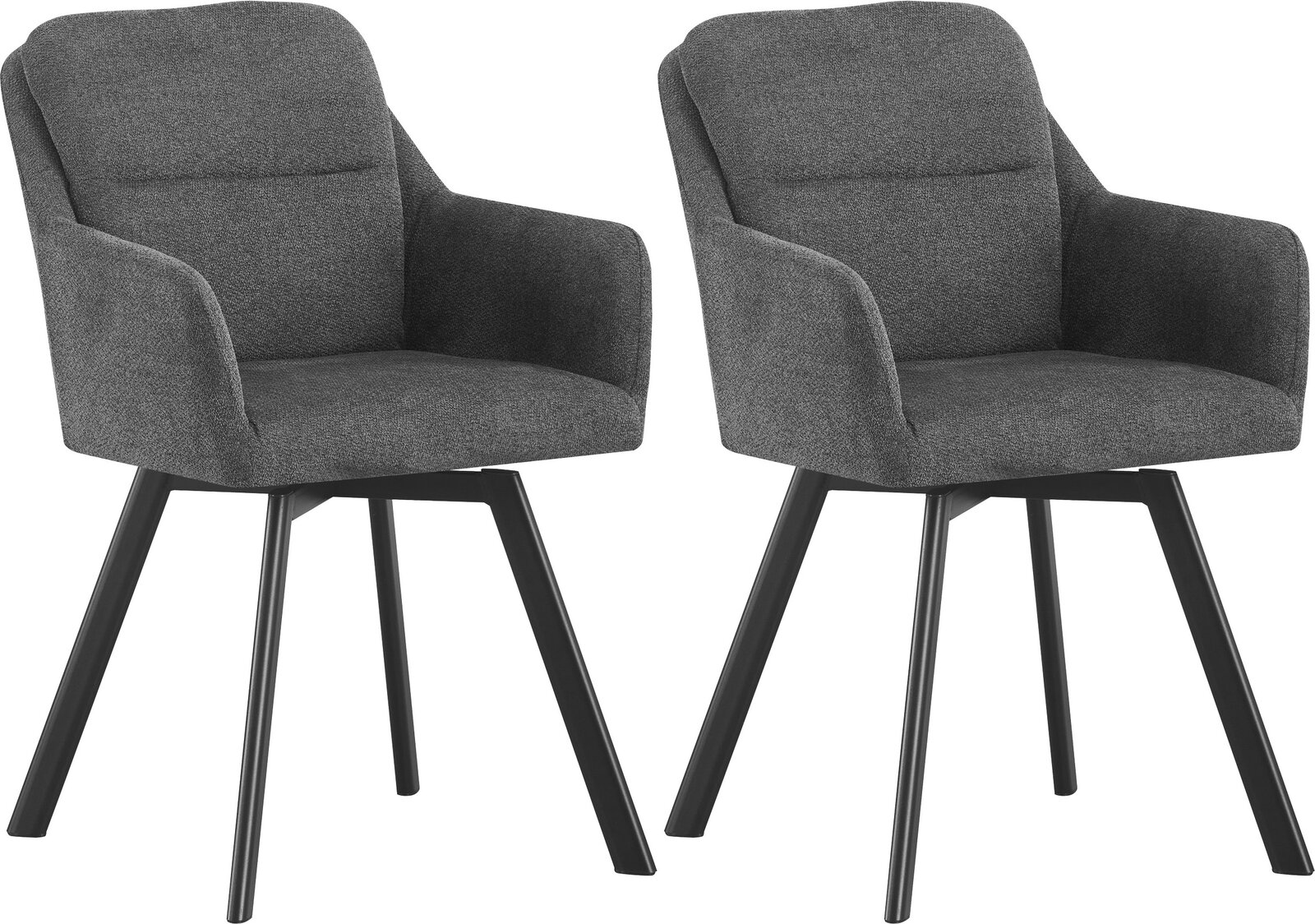Zwei gepolsterte Esszimmerstühle mit Armlehnen in dunkelgrauem Stoffbezug und schwarzen, leicht ausgestellten Beinen, freigestellt auf weißem Hintergrund, in frontaler leicht seitlicher Perspektive.