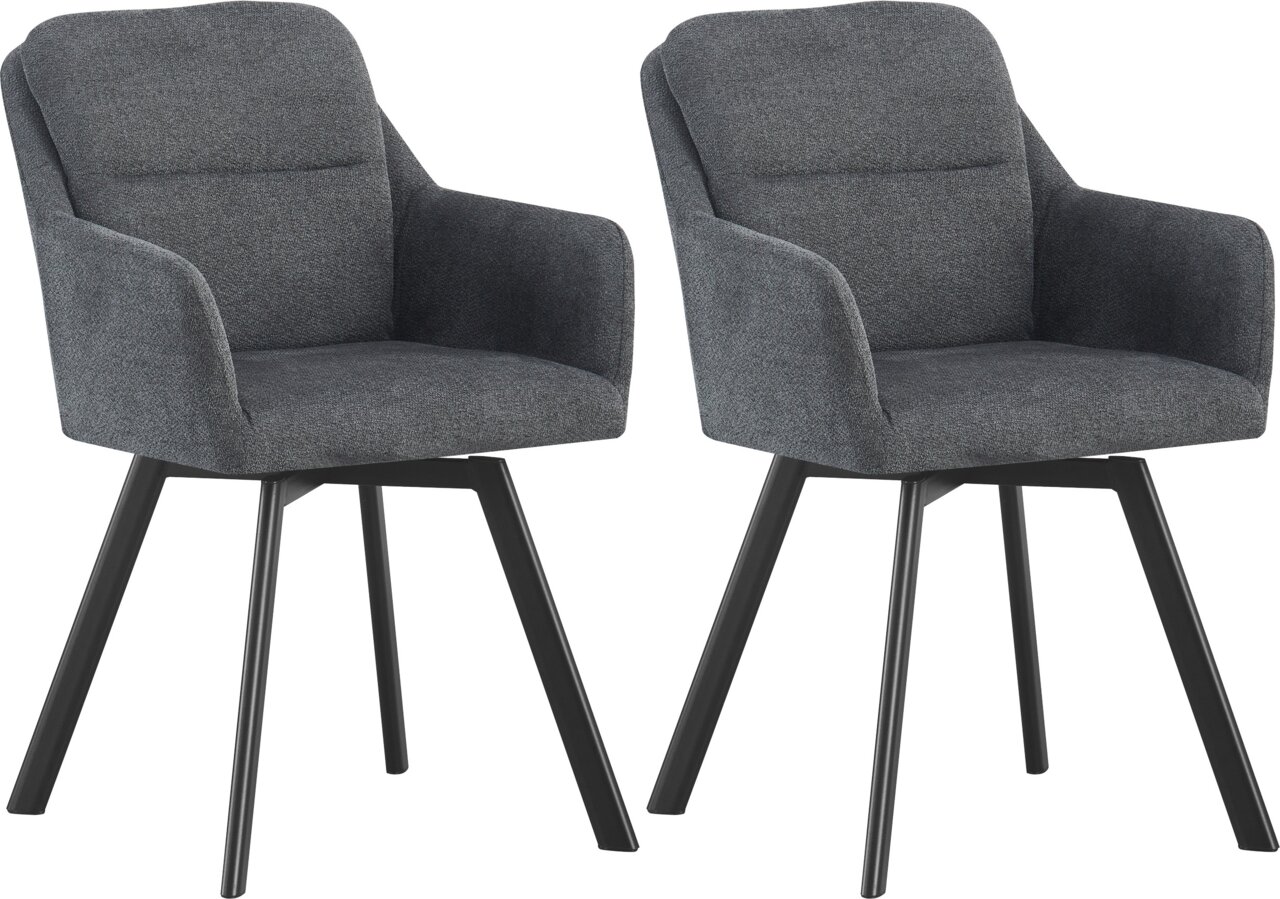 MID.YOU Stuhl 2er-Set SOPHIE Zwei gepolsterte Esszimmerstühle mit Armlehnen in dunkelgrauem Stoffbezug und schwarzen, leicht ausgestellten Beinen, freigestellt auf weißem Hintergrund, in frontaler leicht seitlicher Perspektive.