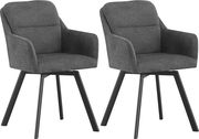 Zwei gepolsterte Esszimmerstühle mit Armlehnen in dunkelgrauem Stoffbezug und schwarzen, leicht ausgestellten Beinen, freigestellt auf weißem Hintergrund, in frontaler leicht seitlicher Perspektive.