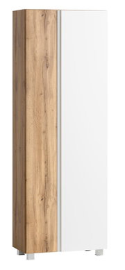 Hochschrank 65 cm mit Holzoptik und weißer Tür, seitliche Perspektive