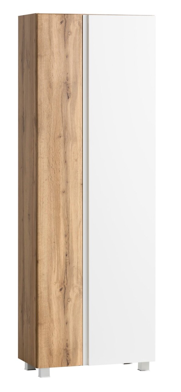 Hochschrank 65 cm mit Holzoptik und weißer Tür, seitliche Perspektive