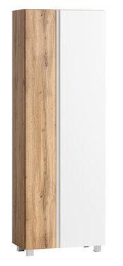 Hochschrank 65 cm mit Holzoptik und weißer Tür, seitliche Perspektive