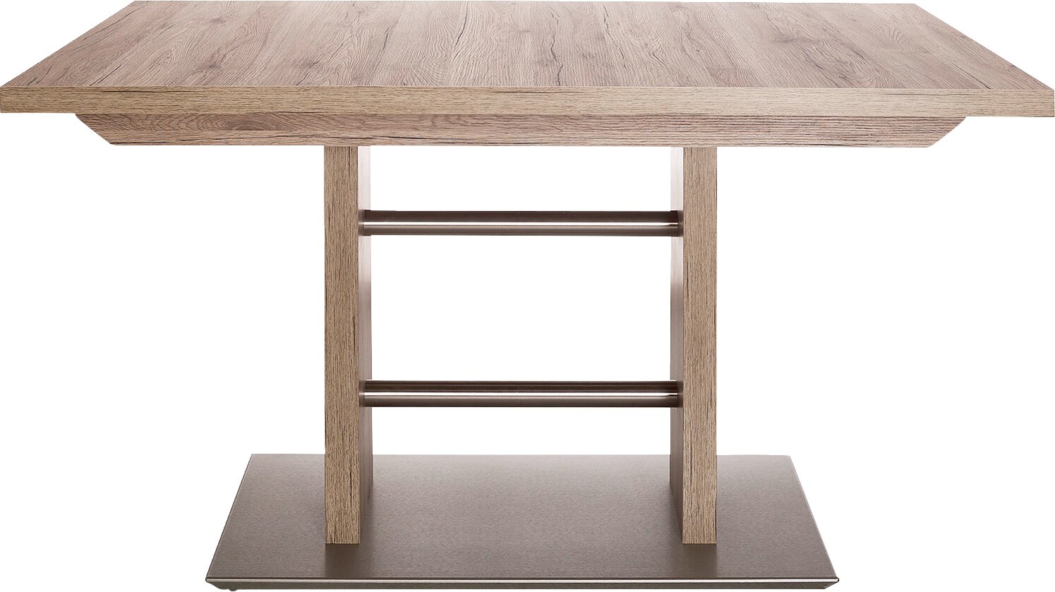 Moderne houten eettafel met metalen accenten, gezien vanaf de voorkant.