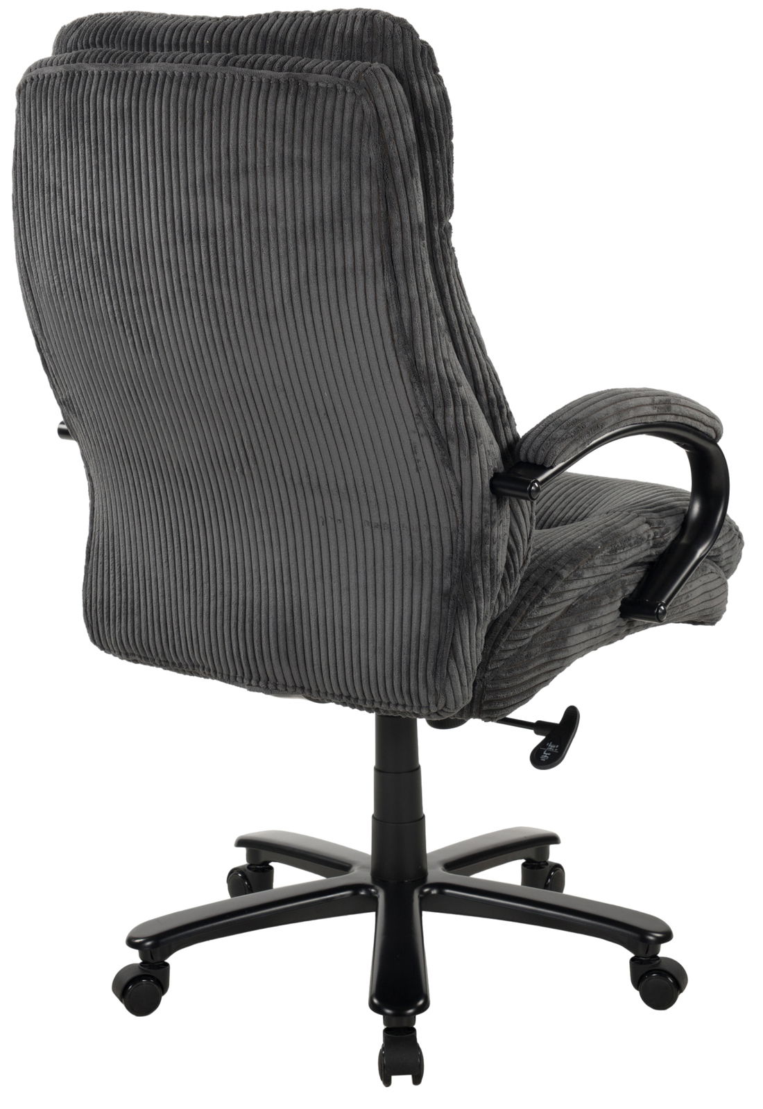 Rückansicht eines grauen Chefsessels mit geripptem Stoffbezug und schwarzen Armlehnen, auf einem schwarzen Drehfuß mit Rollen.