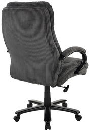 Rückansicht eines grauen Chefsessels mit geripptem Stoffbezug und schwarzen Armlehnen, auf einem schwarzen Drehfuß mit Rollen.