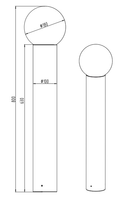Technische Zeichnung einer Außen-Bodenleuchte mit kugelförmigem Kopf und zylindrischem Sockel, Seiten- und Frontalansicht.