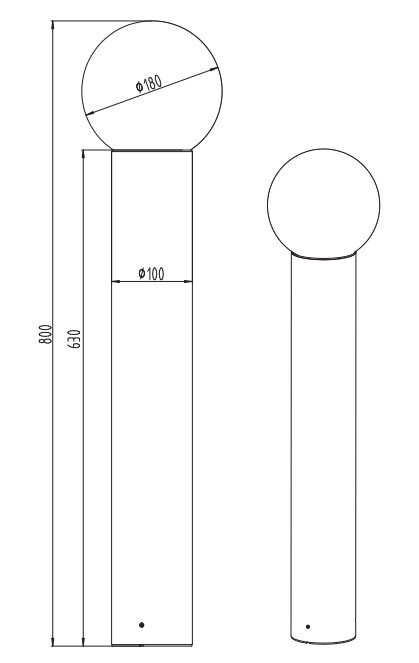 Trio Leuchten Aussen-Bodenleuchte MURES Technische Zeichnung einer Außen-Bodenleuchte mit kugelförmigem Kopf und zylindrischem Sockel, Seiten- und Frontalansicht.