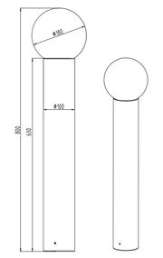 Technische Zeichnung einer Außen-Bodenleuchte mit kugelförmigem Kopf und zylindrischem Sockel, Seiten- und Frontalansicht.