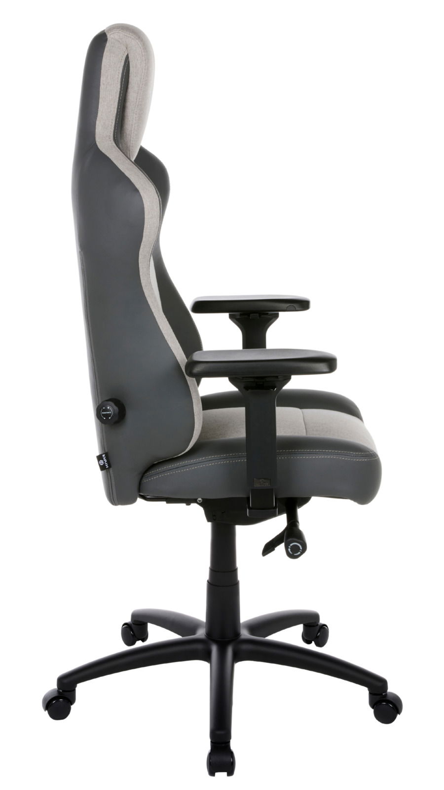 Seitliche Ansicht eines ergonomischen Gaming-Stuhls mit verstellbaren Armlehnen und gepolstertem Sitz in Grau und Schwarz.
