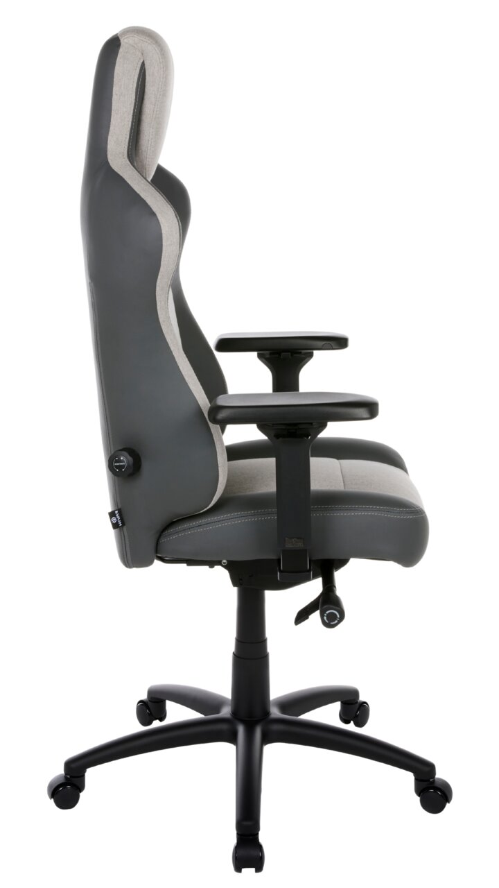 Seitliche Ansicht eines ergonomischen Gaming-Stuhls mit verstellbaren Armlehnen und gepolstertem Sitz in Grau und Schwarz.