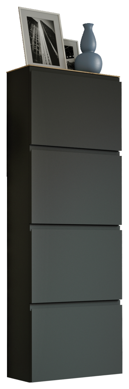 Moderner Hängeschuhschrank mit vier Klappen, dekoriert mit blauen Vasen und gerahmten Fotos, seitliche Perspektive.