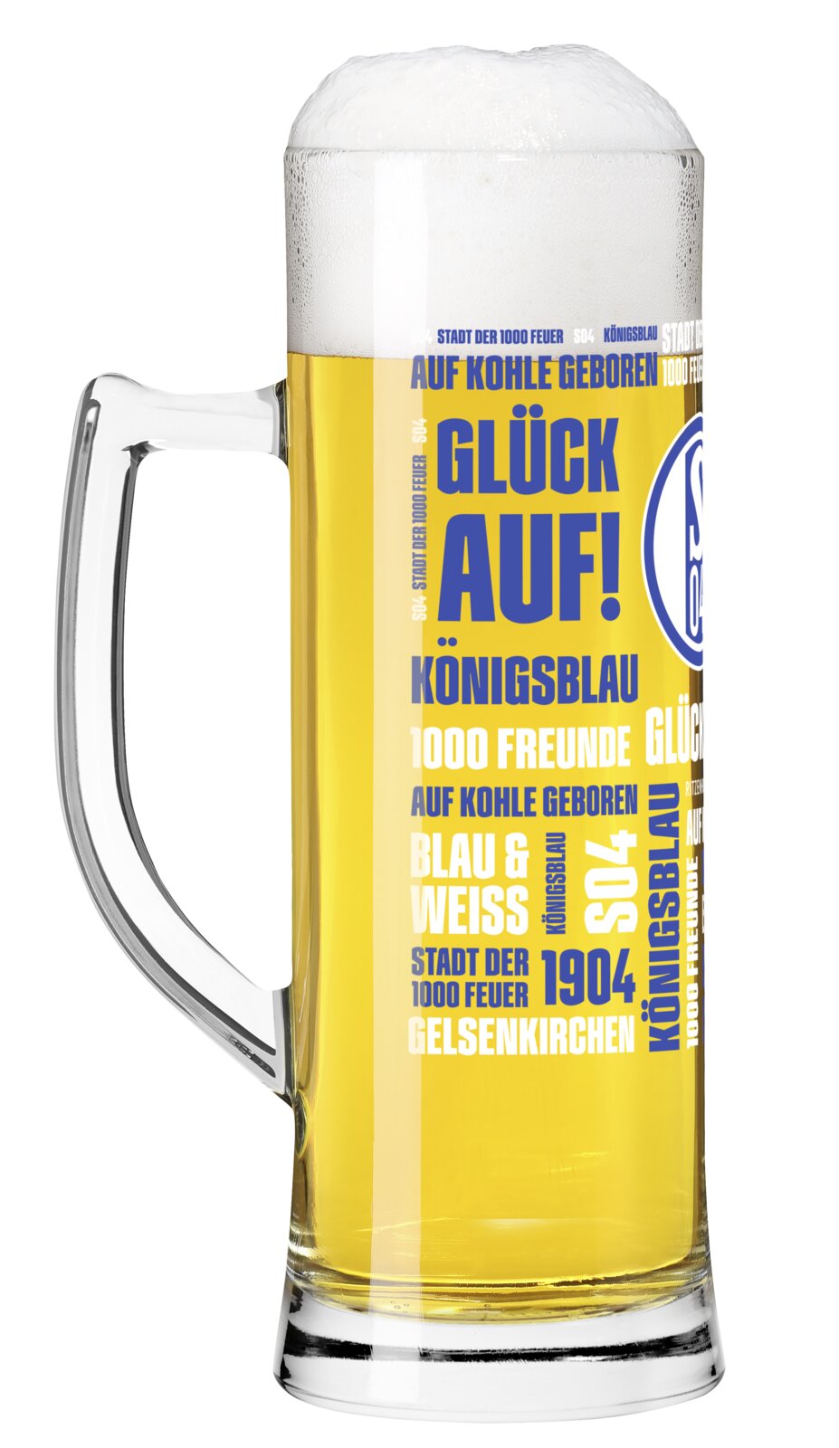 Leicht von vorne gezeigter hoher Bierkrug mit Henkel, goldenem Bier und üppiger Schaumkrone, bedruckt mit blau-weißen Königsblau- und Gelsenkirchen-Motiven.