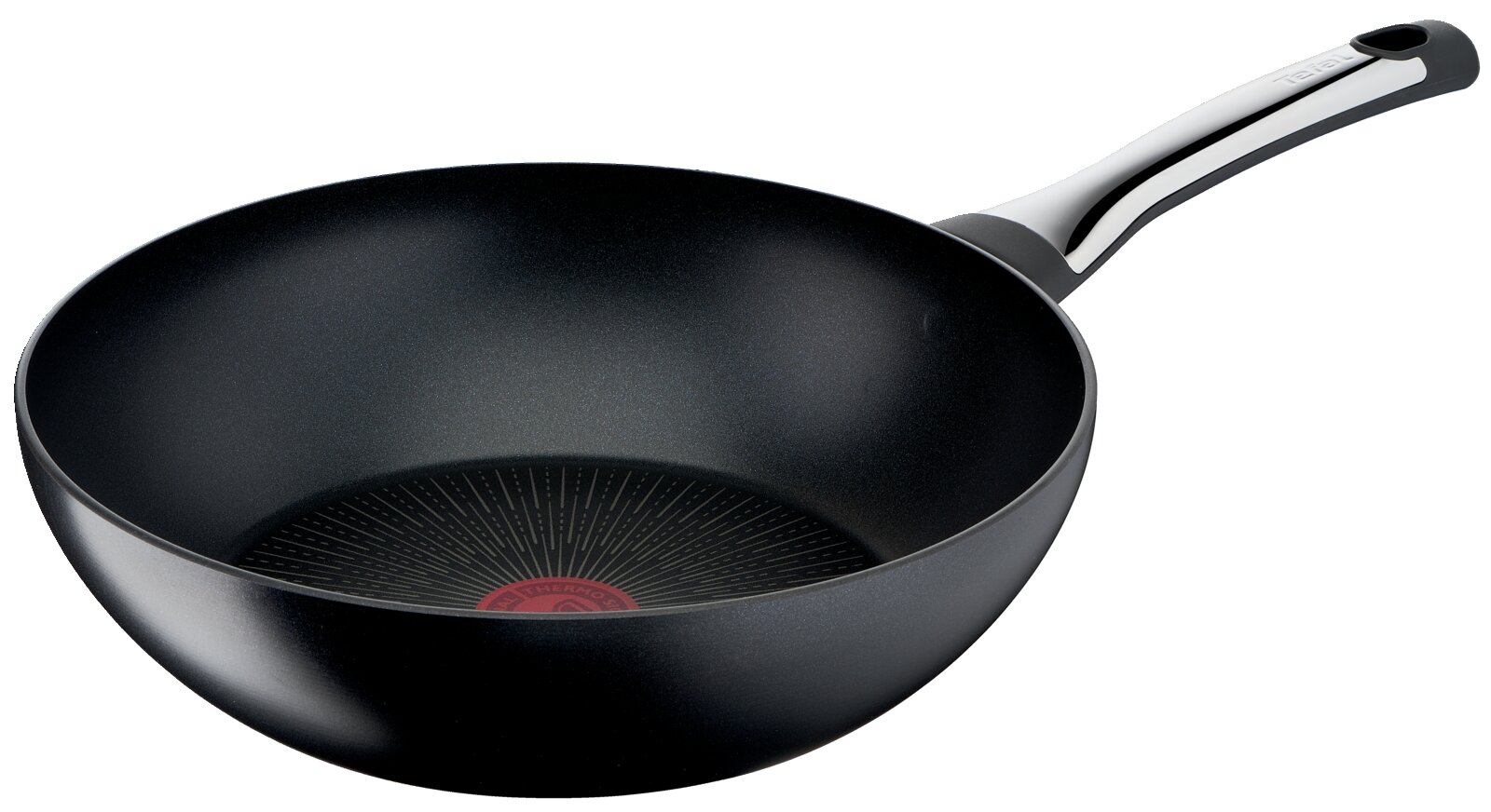 Schwarze Wokpfanne mit Antihaftbeschichtung und ergonomischem Griff, seitliche Perspektive