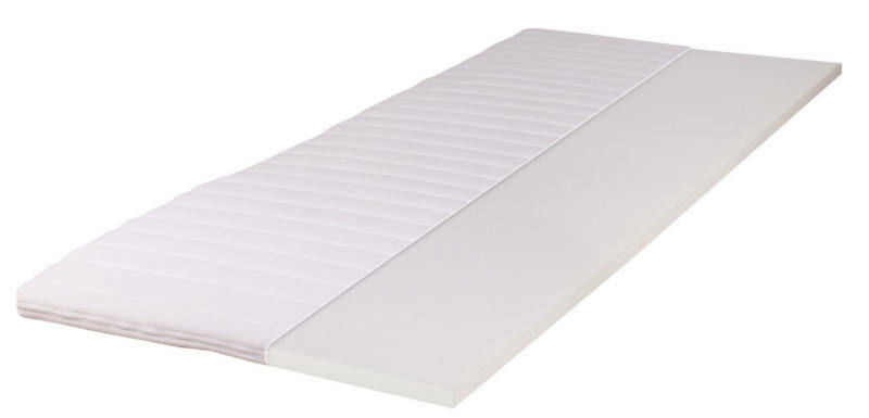 Intro Kaltschaumtopper Kaltschaumtopper in seitlicher Perspektive, halb mit Bezug und halb ohne Bezug gezeigt