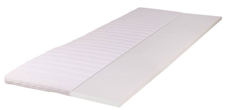 Intro Kaltschaumtopper Kaltschaumtopper in seitlicher Perspektive, halb mit Bezug und halb ohne Bezug gezeigt