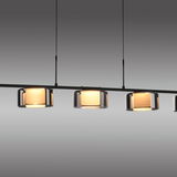 Moderne Pendelleuchte RIKA mit mehreren zylindrischen Lampenschirmen aus Glas, seitliche Perspektive
