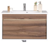 Moderner Waschplatz mit Holzoptik und integriertem Waschbecken, Frontalansicht