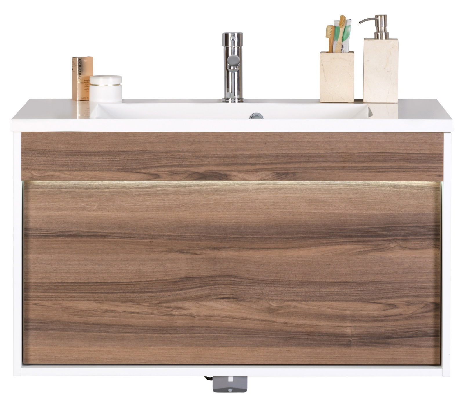 Moderner Waschplatz mit Holzoptik und integriertem Waschbecken, Frontalansicht