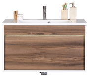 Moderne wastafel met houtlook en ingebouwde wasbak, vooraanzicht