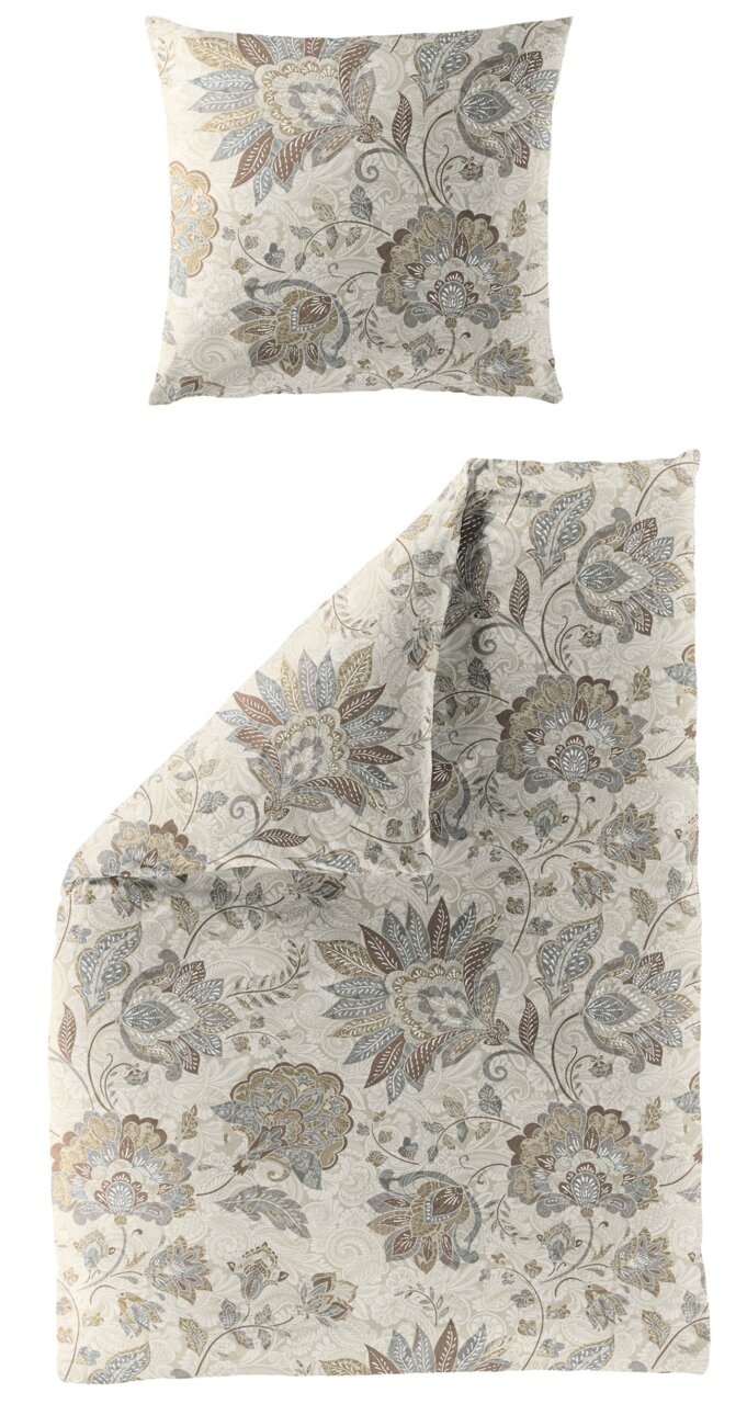 Bettwäsche-Set mit floralem Muster in Beige- und Brauntönen, bestehend aus einem Kissenbezug und einem Bettdeckenbezug, aus der Vogelperspektive fotografiert.