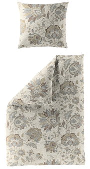 Bettwäsche-Set mit floralem Muster in Beige- und Brauntönen, bestehend aus einem Kissenbezug und einem Bettdeckenbezug, aus der Vogelperspektive fotografiert.