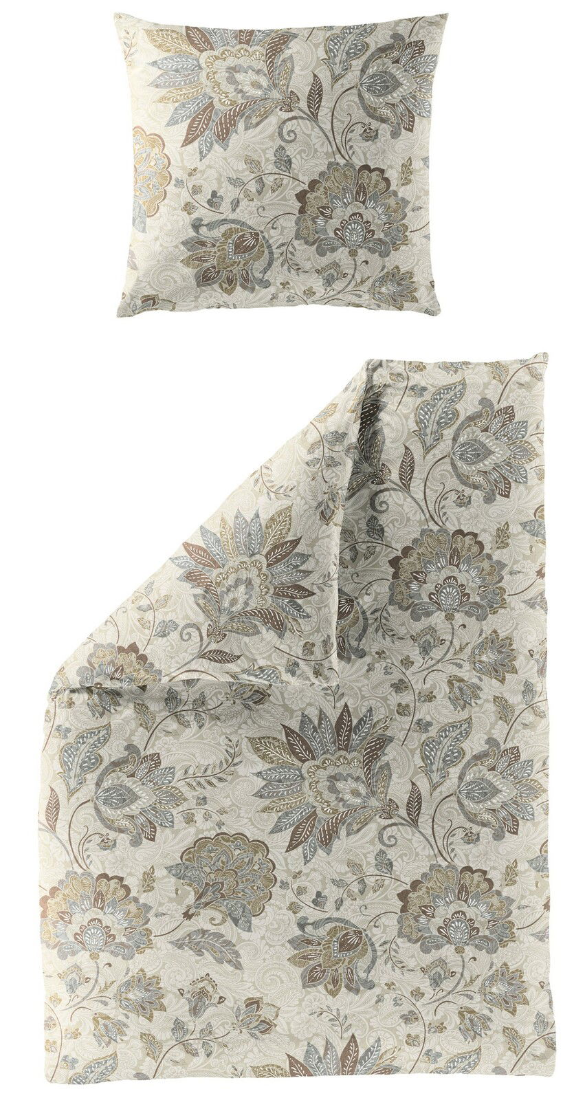 Bettwäsche-Set mit floralem Muster in Beige- und Brauntönen, bestehend aus einem Kissenbezug und einem Bettdeckenbezug, aus der Vogelperspektive fotografiert.