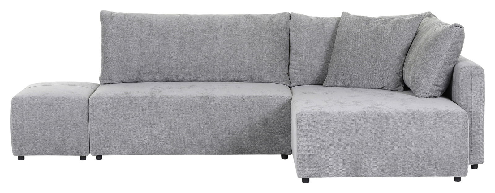 Graues Ecksofa mit linker Ottomane, frontal fotografiert.