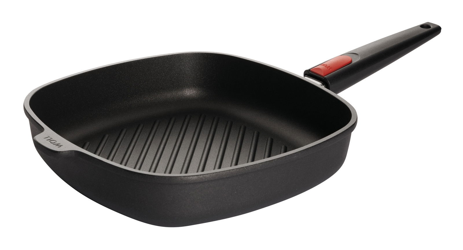 Gusseiserne Steakpfanne 28x28cm Nowo, schräg von oben fotografiert, mit geriffelter Innenfläche und ergonomischem Griff.