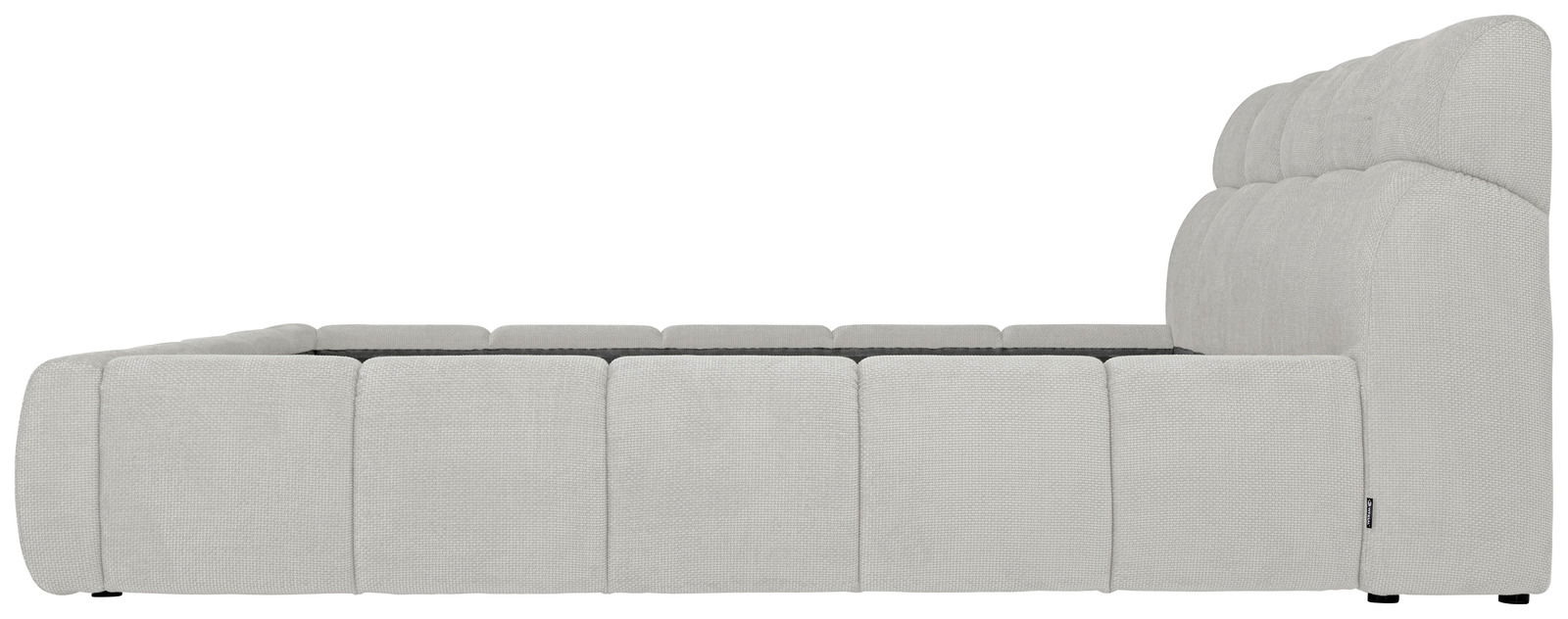 Seitliche Ansicht eines modernen Polsterbettgestells in hellem Stoffbezug mit gepolstertem Kopfteil.