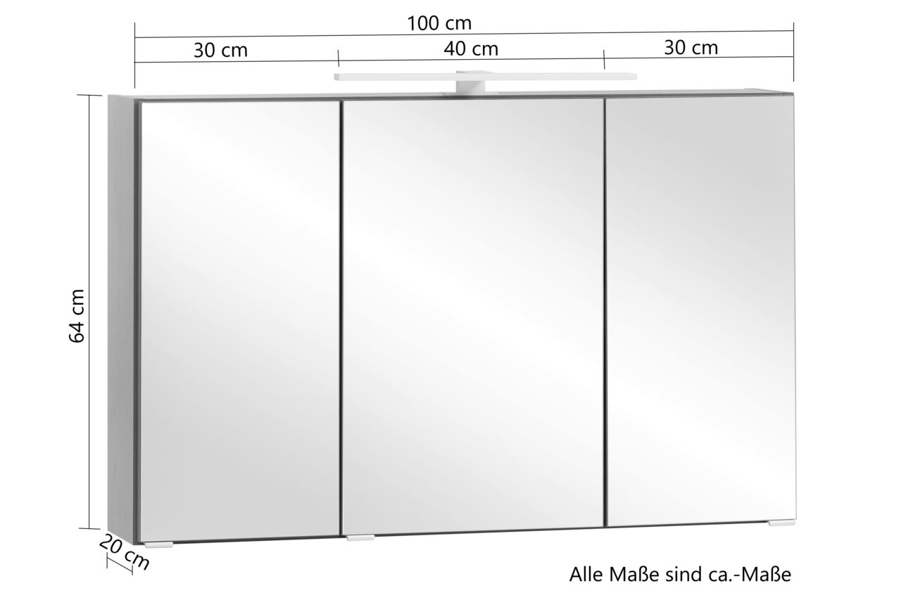 Spiegelschrank mit drei Türen, Frontansicht, Maße 100 cm Breite, 64 cm Höhe, 20 cm Tiefe