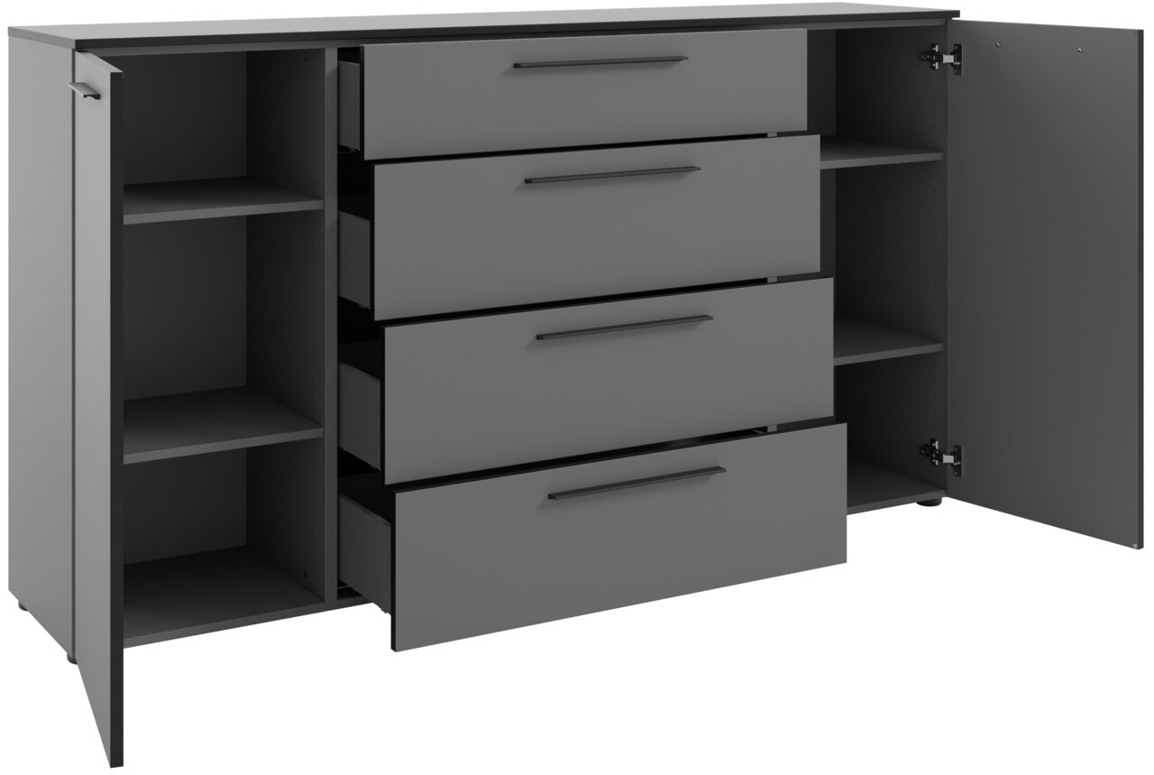 Graues XL-Sideboard mit offenen Schubladen und Türen, seitliche Perspektive