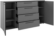 Graues XL-Sideboard mit offenen Schubladen und Türen, seitliche Perspektive