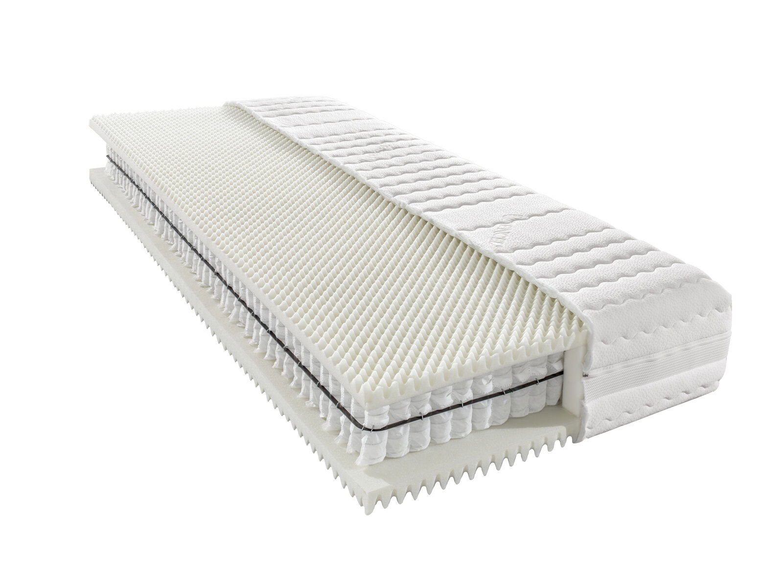 Novel Taschenfederkernmatratze H4 ORTHO STAR PLUS T Querschnitt einer Taschenfederkernmatratze H4 mit sichtbaren Schichten aus Schaumstoff und Federn, perspektivisch von der Seite gezeigt.
