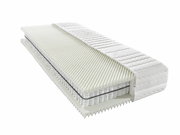 Querschnitt einer Taschenfederkernmatratze H4 mit sichtbaren Schichten aus Schaumstoff und Federn, perspektivisch von der Seite gezeigt.