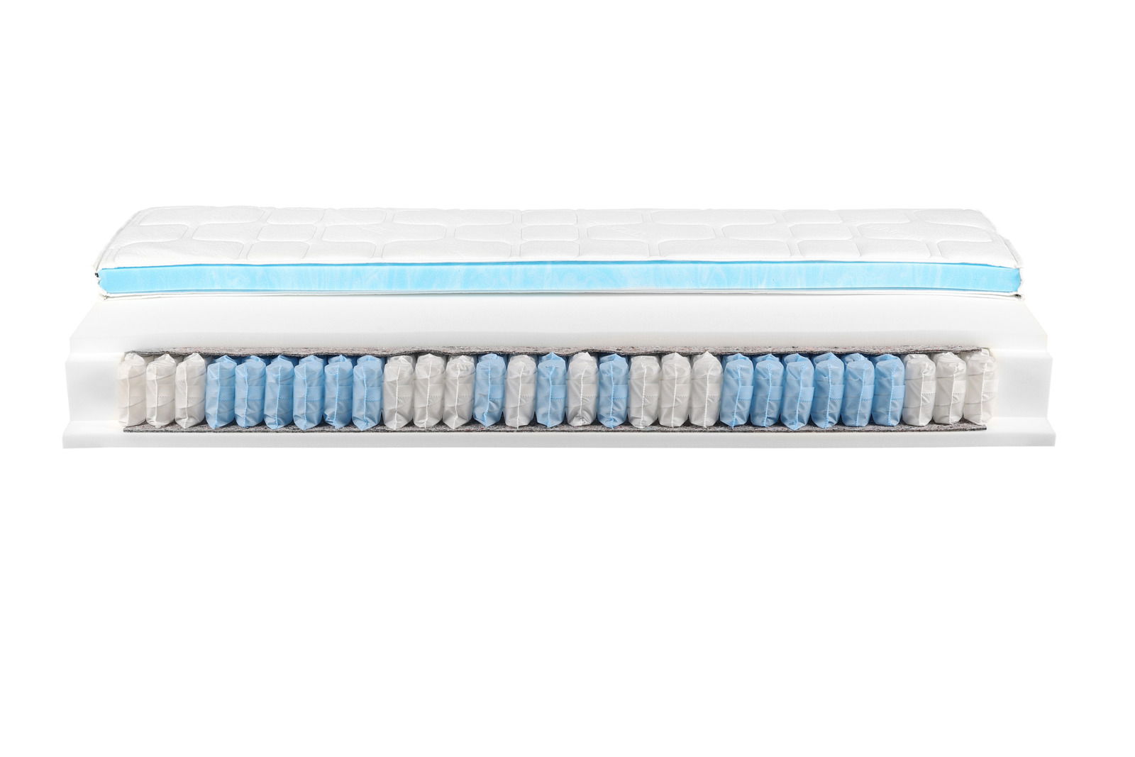Querschnitt einer Taschenfederkernmatratze H3 mit sichtbaren Federn und Polsterschichten, seitliche Perspektive