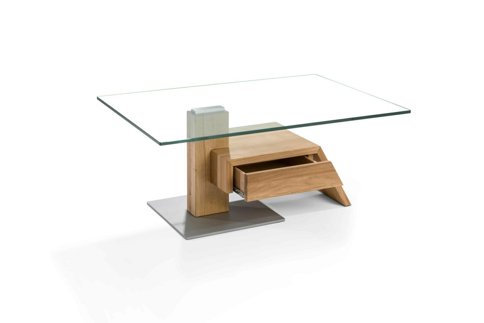Moderner Couchtisch mit Glasplatte und Holzschublade, seitliche Perspektive