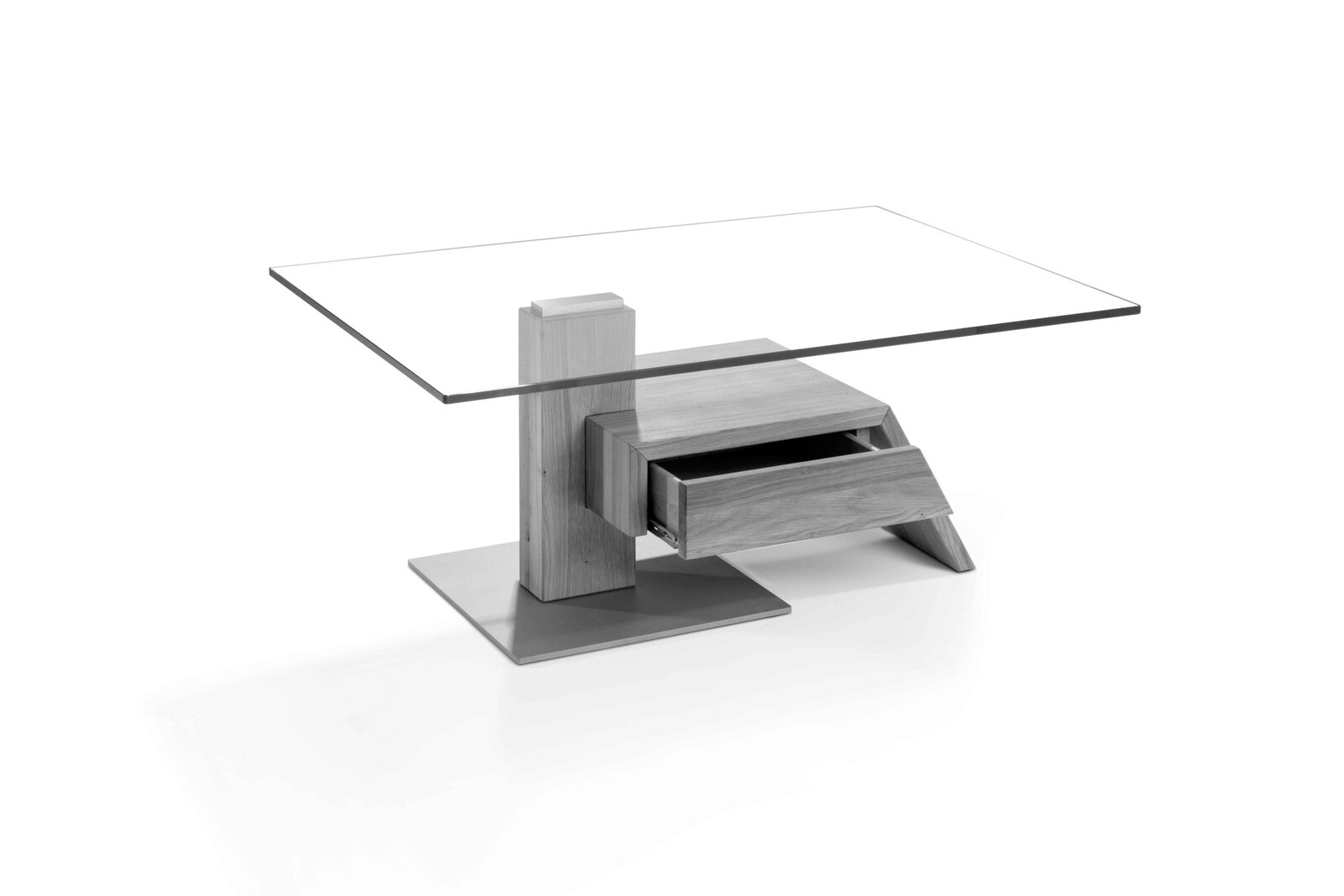 Moderner Couchtisch mit Glasplatte und Holzschublade, seitliche Perspektive