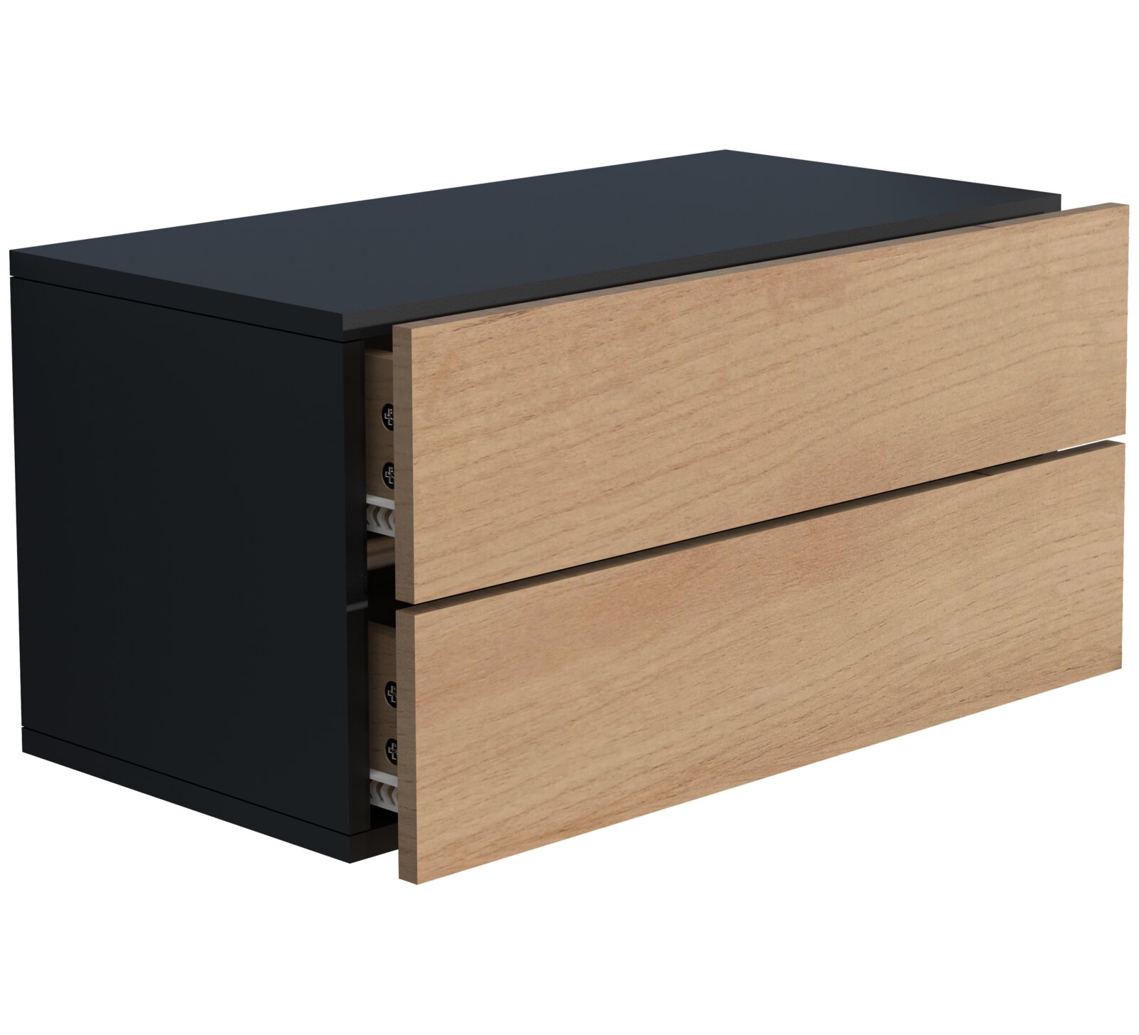 Moderne Wandkommode mit schwarzem Korpus und zwei Schubladen in heller Holzoptik, leicht geöffnet, Ansicht schräg von vorne links